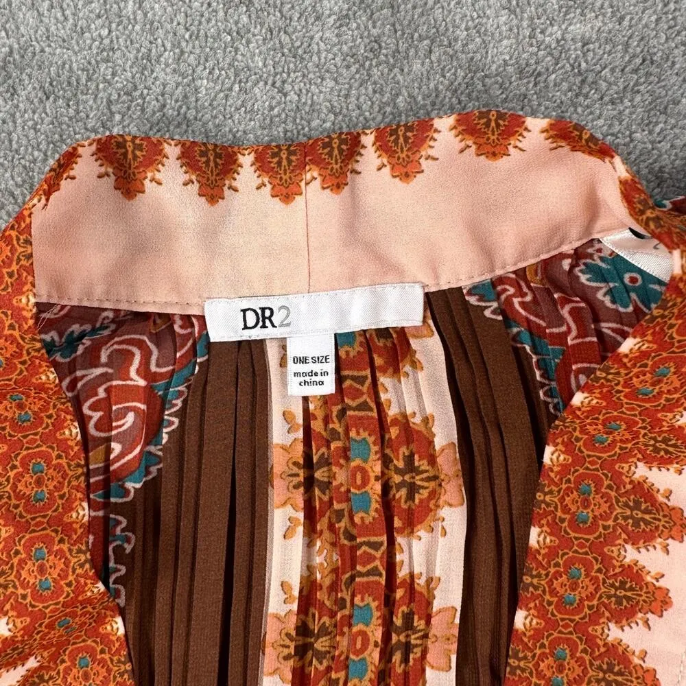 DR2 Kimono Duster Boho One Size Open Front Pleated Pink/Brown Paisley Print Pink - Image 4