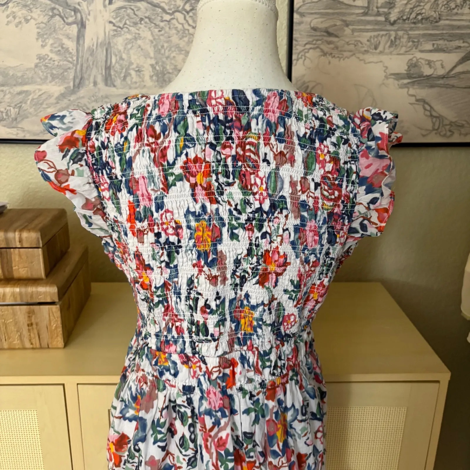 ANTHROPOLOGIE Floral Slocked Mini Dress Size Parge Petite - Image 4