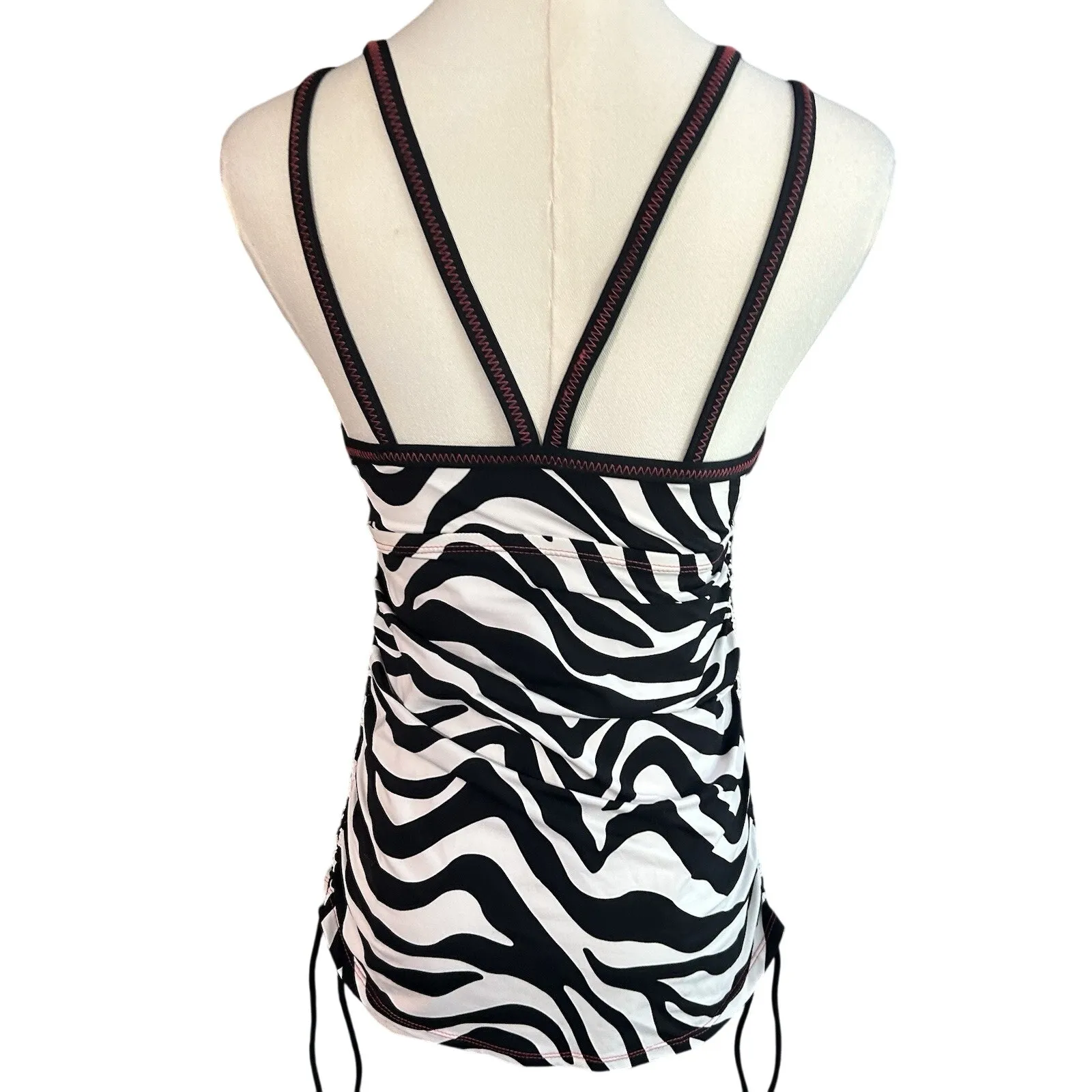 Tankini NWT Cross Front Zebra Ruched w/ Ties Beach Pool Lake Baby Doll Med Black - Image 5