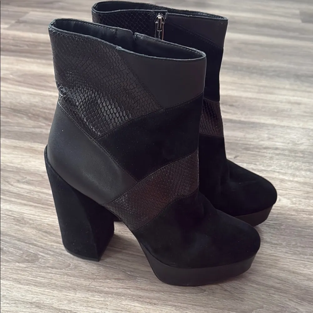 Vince Camuto Black Leather Heeled Boots Platform Suede Two tone 11M - Image 6