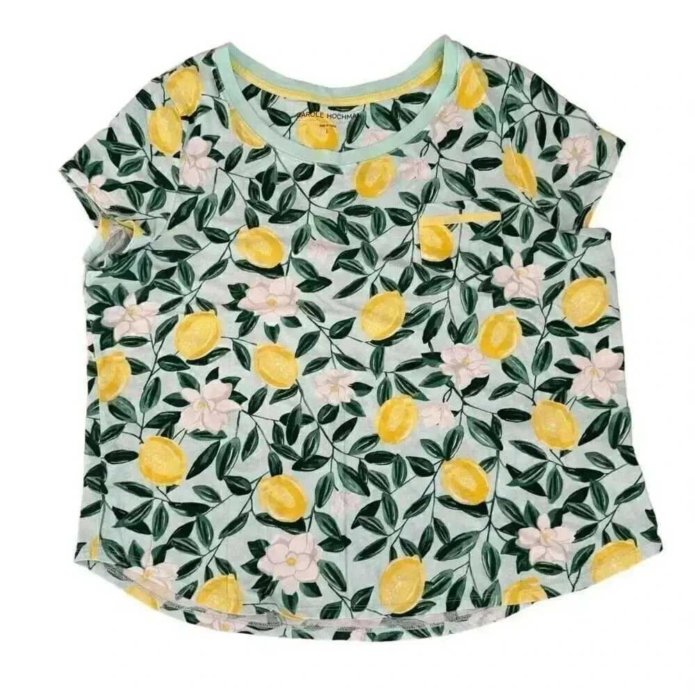 CAROLE HOCHMAN Lemons Matching Set Cotton Short Sleeves Top and Short Pants SZ L Green Size L - Image 2
