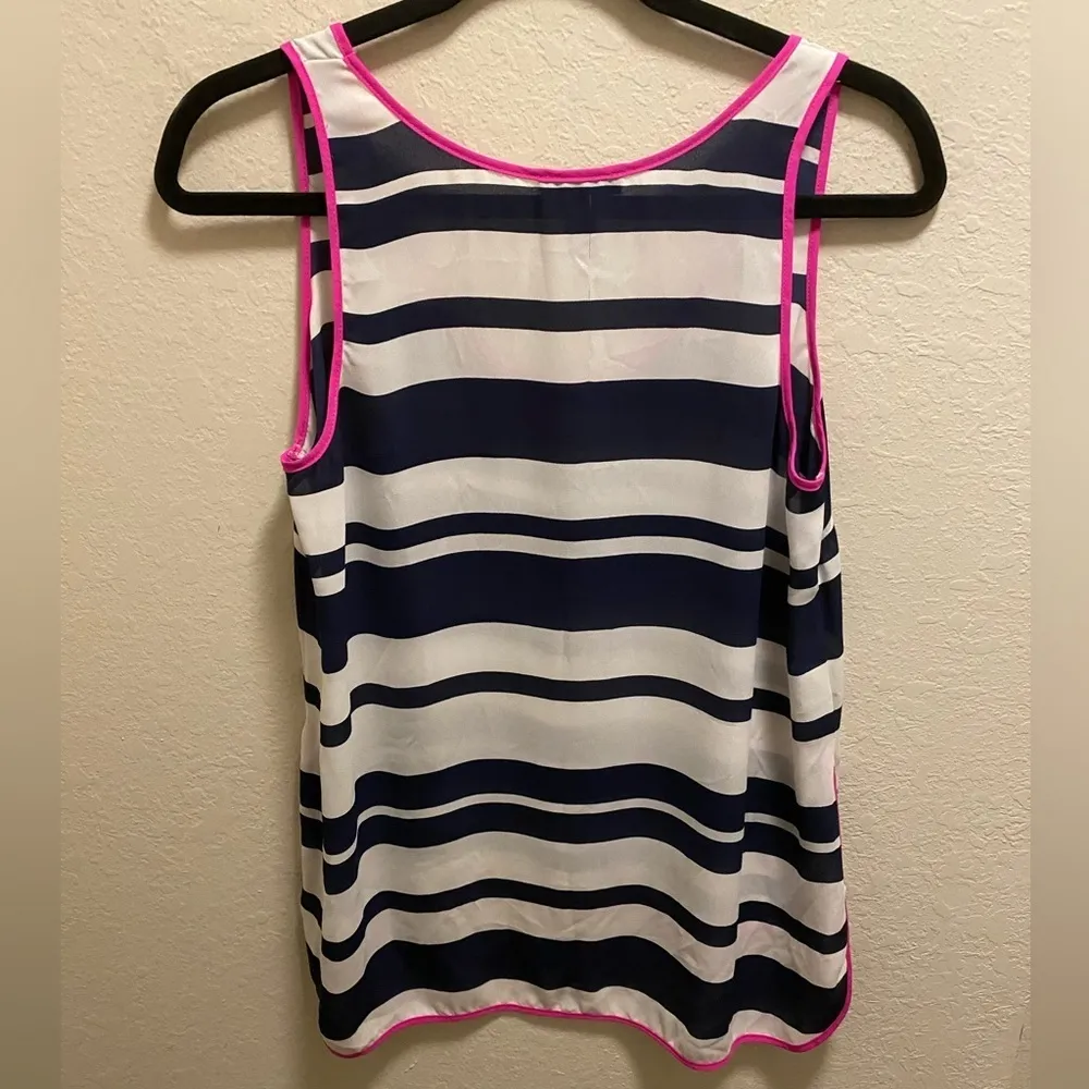 Bloomingdales Aqua Blue & White Striped W/ Pink Trim High-Low Blouse Size Small - Image 4