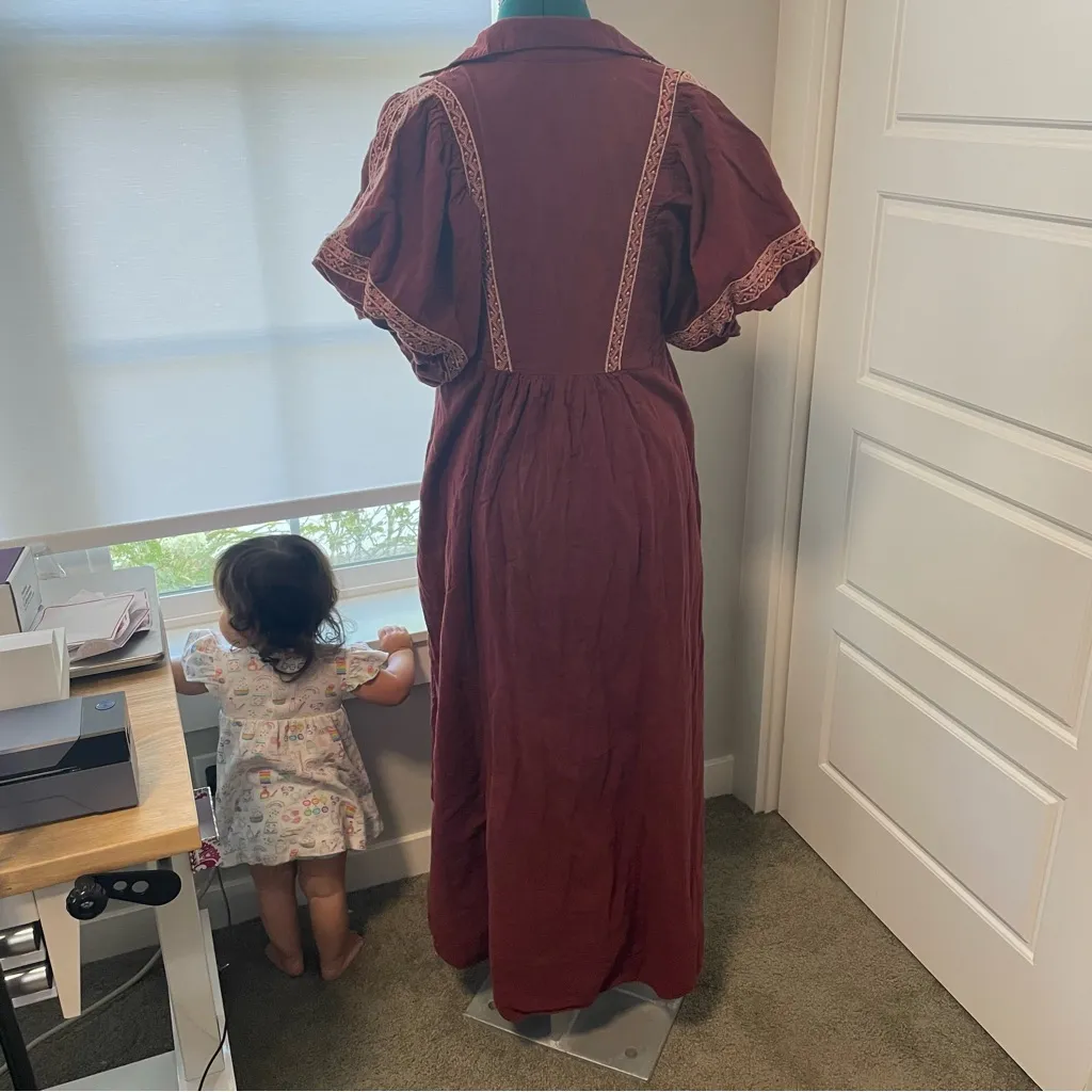 Free People Samantha Embroidered Puff Sleeve Button Front Maxi Dress Medium - Image 15