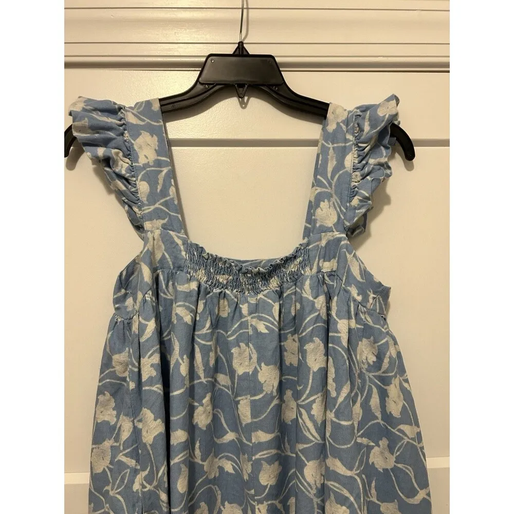 A New Day Maxi Dress Large Blue White Floral Linen Blend Ruffles Pockets Boho - Image 7