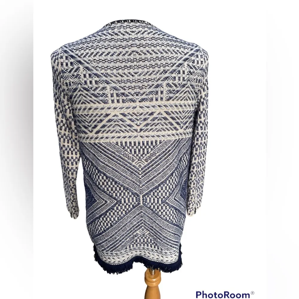 Shacket Blue & Cream Aztec Fringed Open Cardigan Size M - Image 3