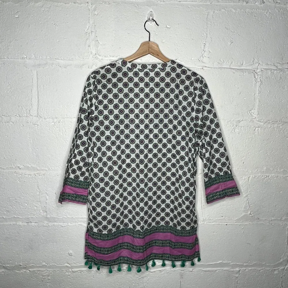 J. Crew Women's White Green Purple Tassel Cotton Swimsuit Tunic Cover Small - Image 3