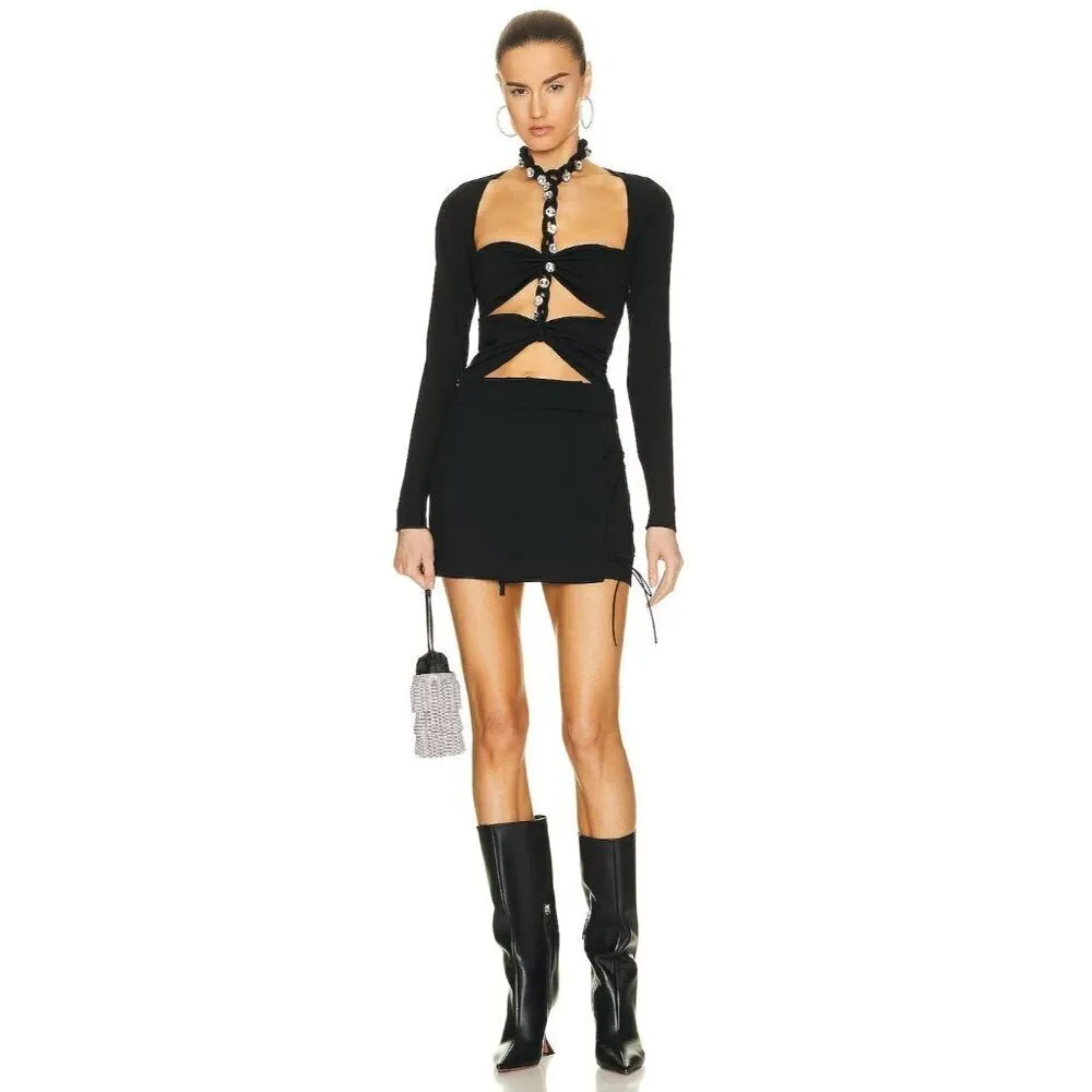 AREA Chain Link Long Sleeve Bodysuit in Black Large New Womens Crystal Top - Image 3
