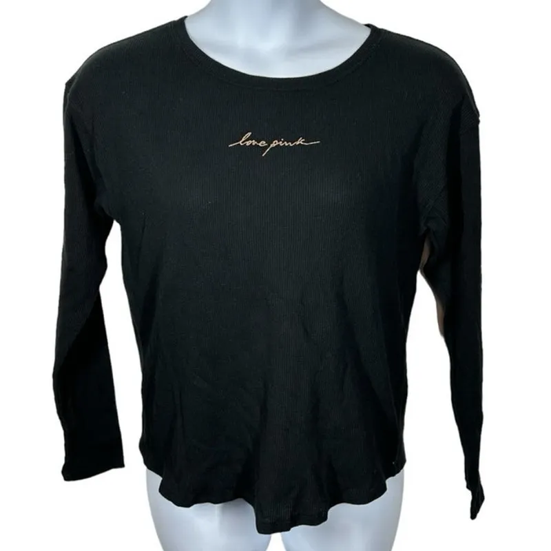 Victoria’s Secret PINK Black Waffle Knit Long Sleeve Top M Gold Glitter Size M - Image 8