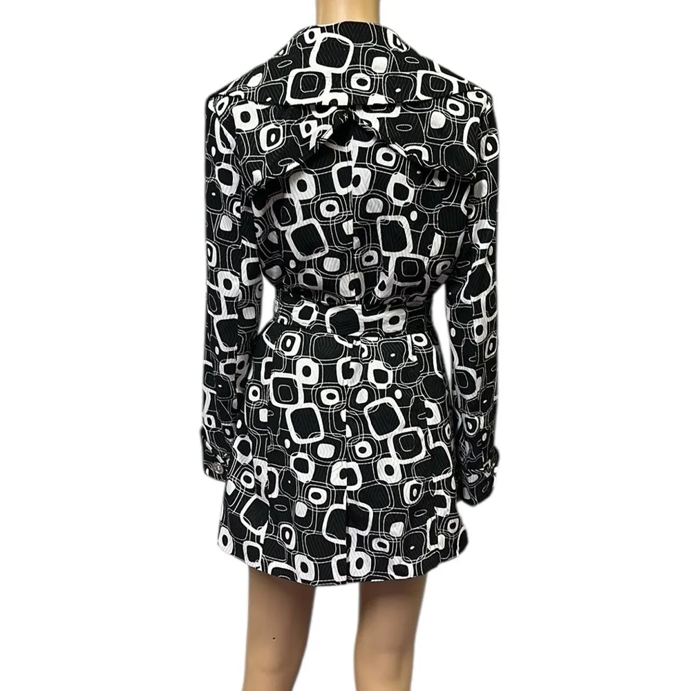Erin London Double Breasted Geometric Print Belted Pea Coat Jacket Womens Medium Black - Image 6