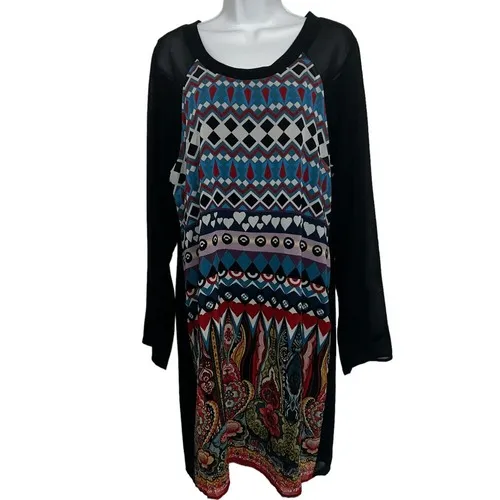 DESIGUAL Artsy Dami Printed Black Sheer Lined‎ L/S Dress NWT $159 Size 12 - Image 2