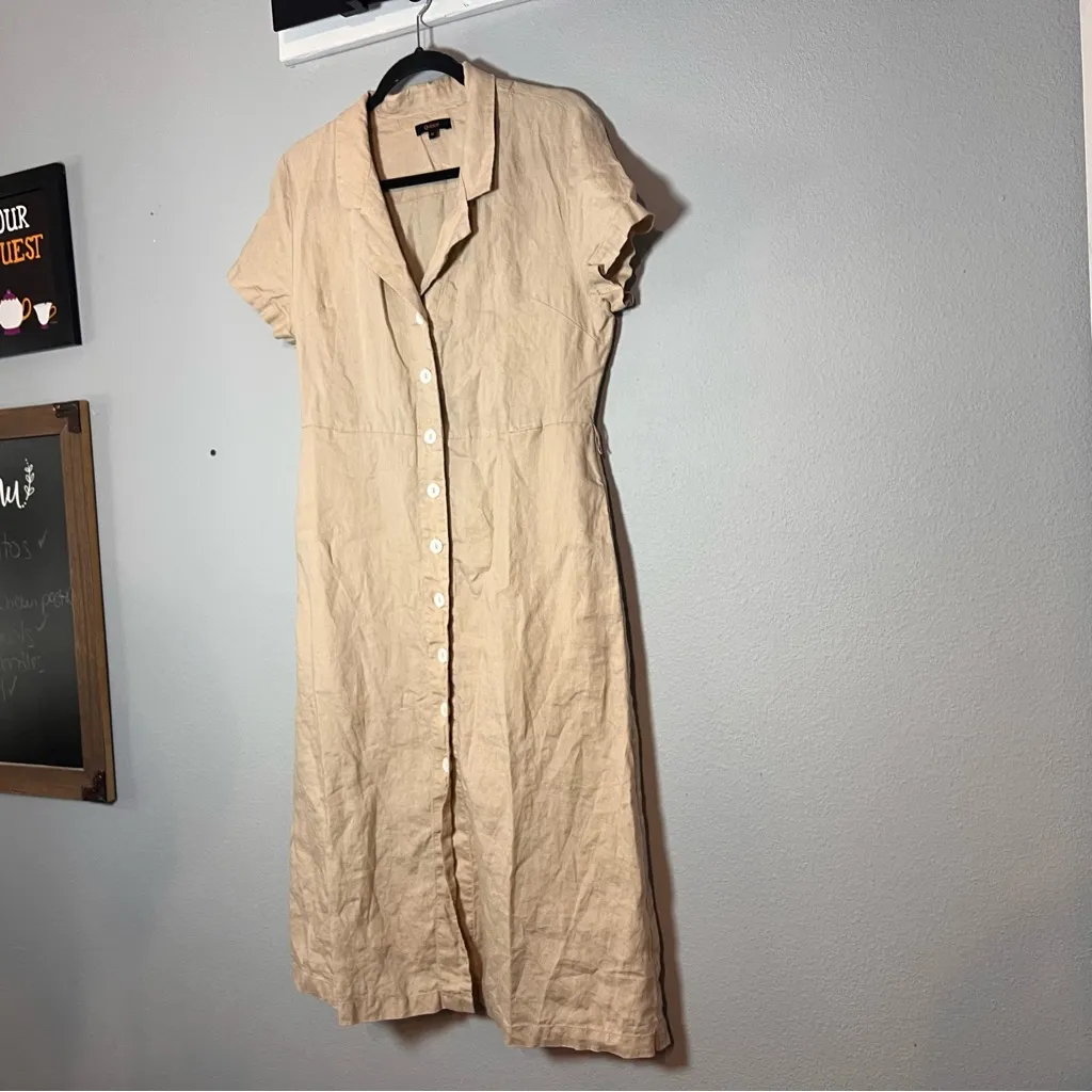 Quince 100% European Linen Button Front Dress Size Medium Tan Driftwood Midi - Image 8