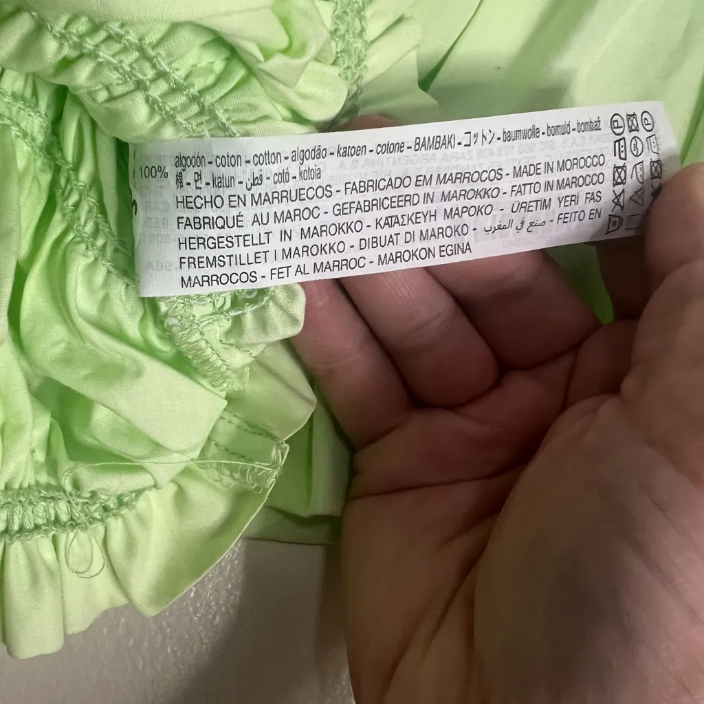 Zara Green Ruffle Crop Top L Cotton Smocked Puff Sleeve‎ Cottagecore - Image 5