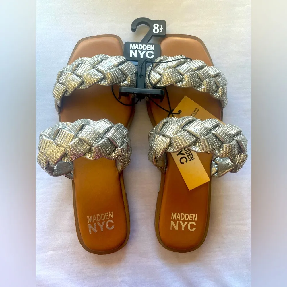 MADDEN NYC Two Band Braid Silver Rhinestone Comfort Foam Insole Sandals Size 8.5 - Image 4