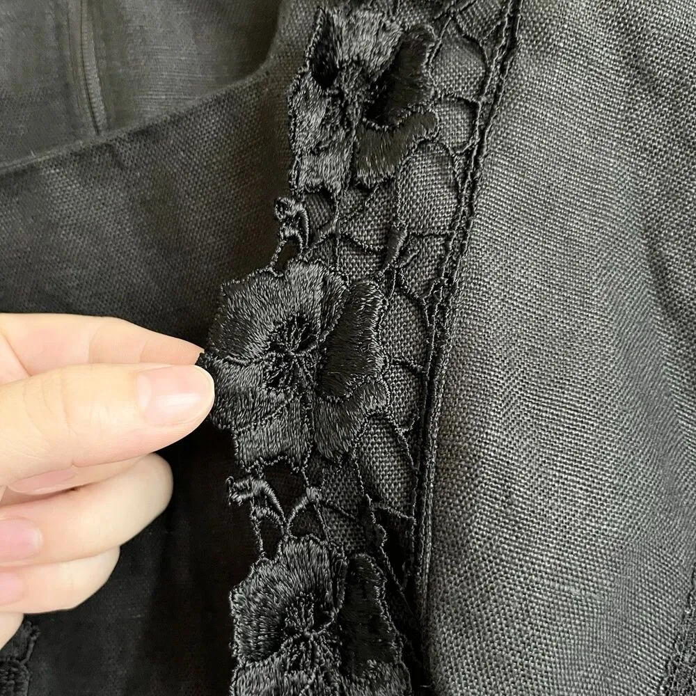 VTG Gina Veneto Roma Womens Sz 14 Black Top Embroidered 100% Linen Made In USA - Image 3