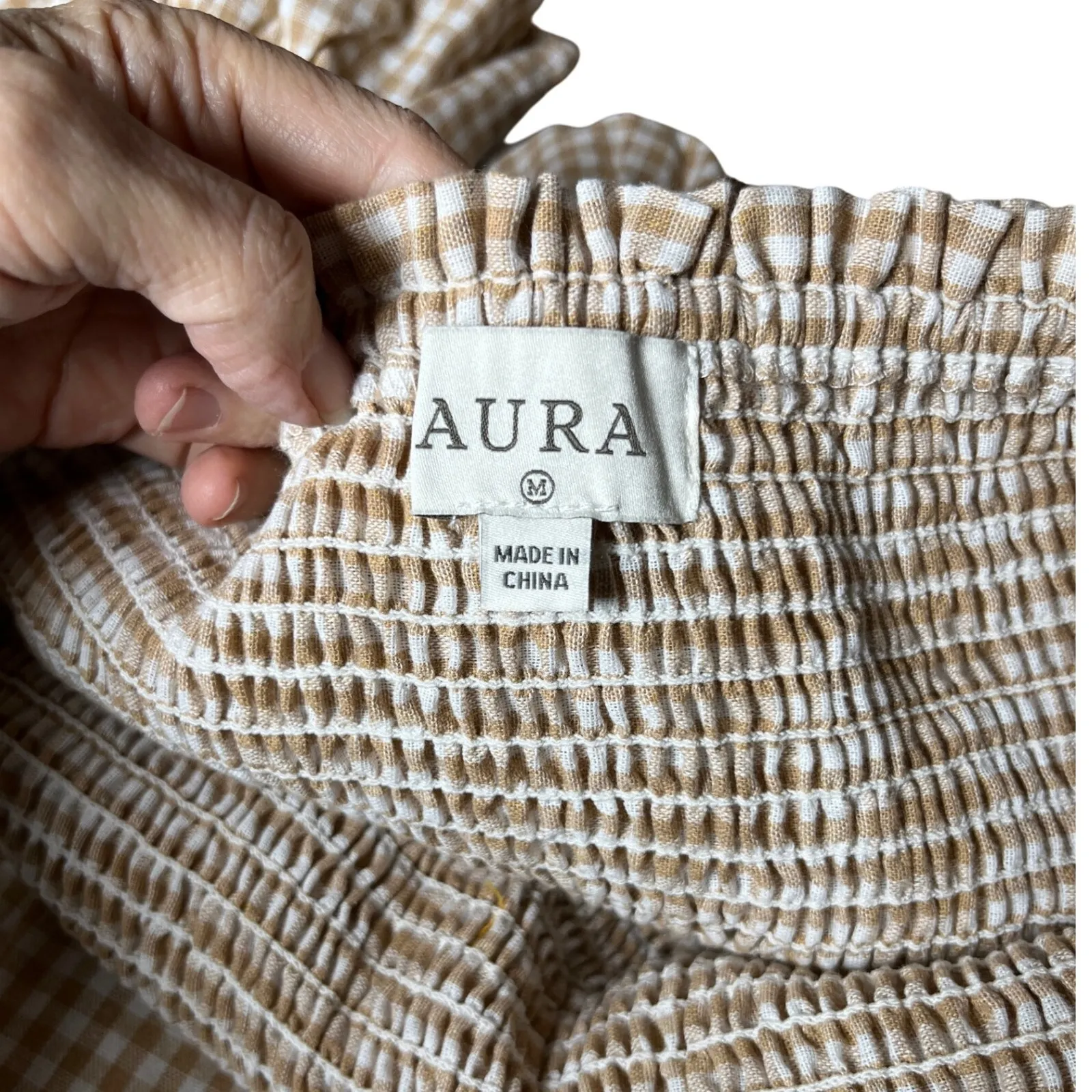 AURA Gingham Smocked Square Neck Midi Dress Beige White Puff Sleeve Belted M - Image 4