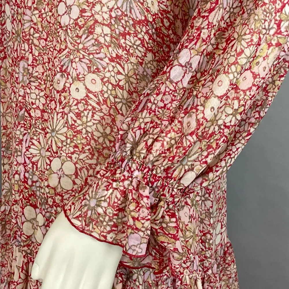 Free People Feeling Groovy Dress Floral Tiered Skirt Red Size Small Long Sleeves - Image 11