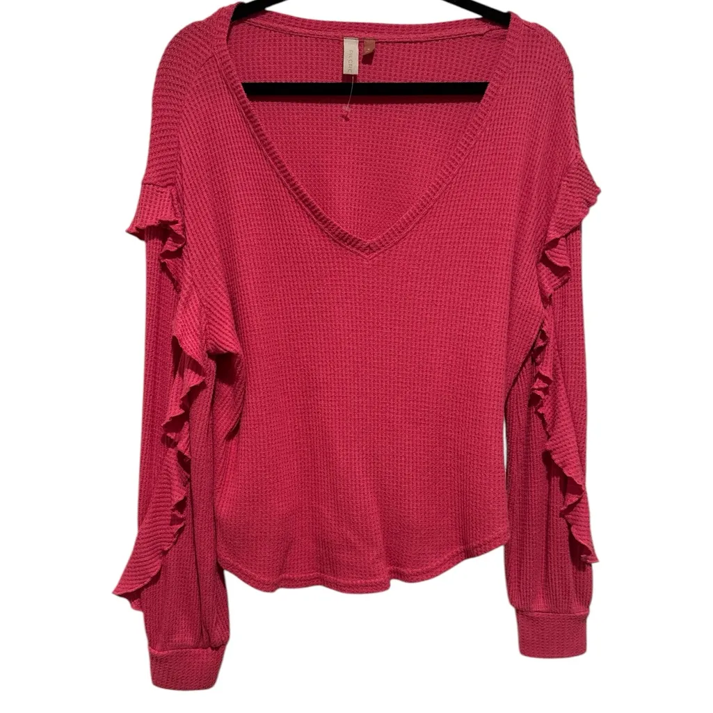 PILCRO PINK THERMAL WAFFLE KNIT DEEP VNECK LONG SLEEVE PULLOVER LONG SLEEVE TOP - Image 2
