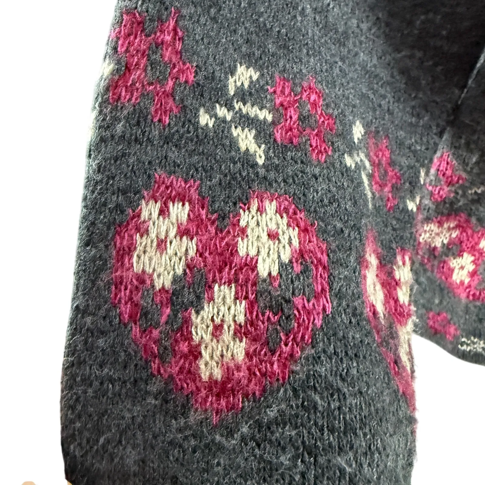 Adele Knitwear Sweater Teddy Bears Heart Acrylic USA 80s Vintage Gray Size L - Image 2