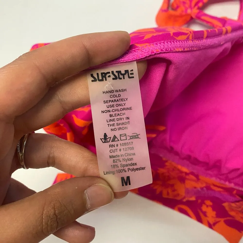 Surf Style Pink Coral Floral Halter Bikini Swim Bathing Suit Top Women's Medium - Image 7