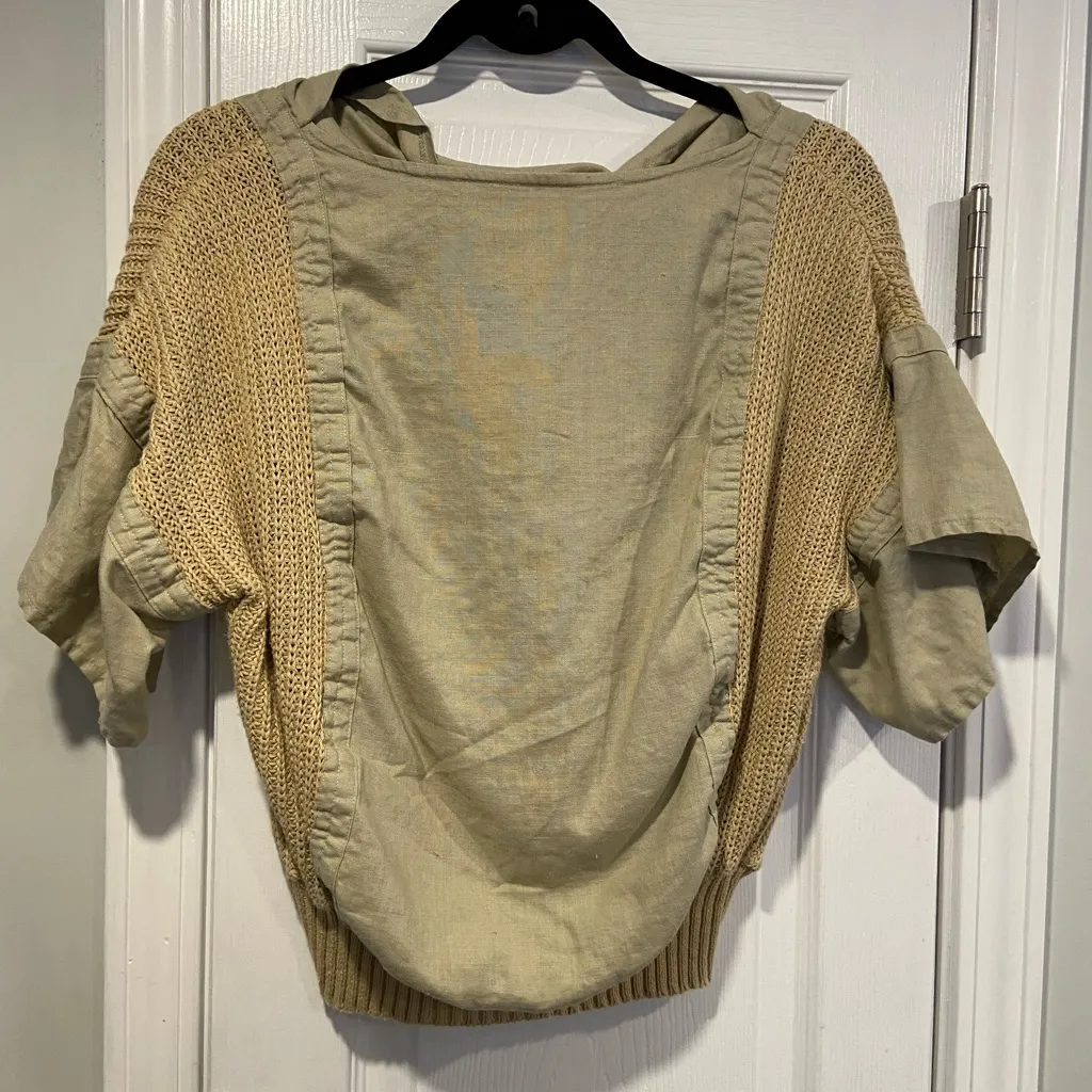 Kenar Size M Hooded Mixed Media Top Cropped Ribbed Hem Linen Cotton Knit Y2K - Image 6