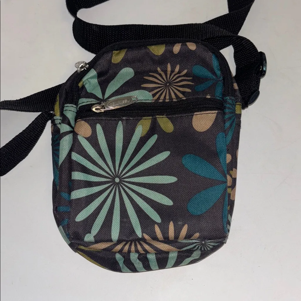 COMPASS CANVAS / NYLON CROSSBODY BAG BROWN GOLD BLUE FLORAL DESIGN MANY POCKETS - Image 11