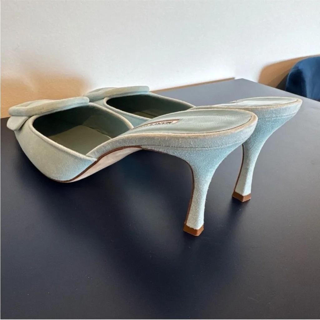 Manolo Blahnik Maysale Mule Buckle Light Blue Suede - Image 4