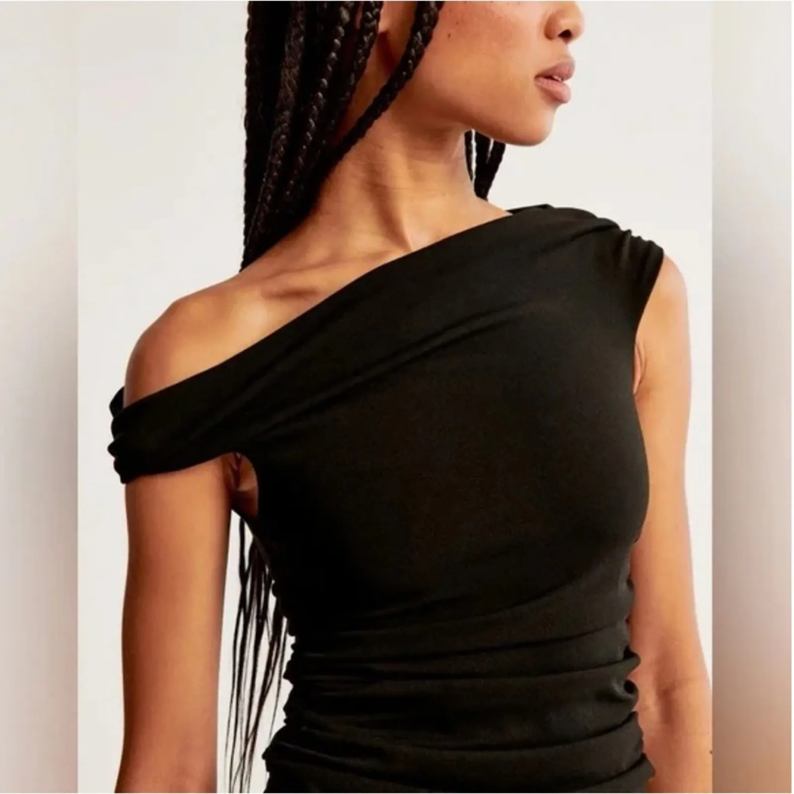 Abercrombie & Fitch Off-The-Shoulder Twist Ruched Mini Dress Black NWT‎ Size L - Image 3