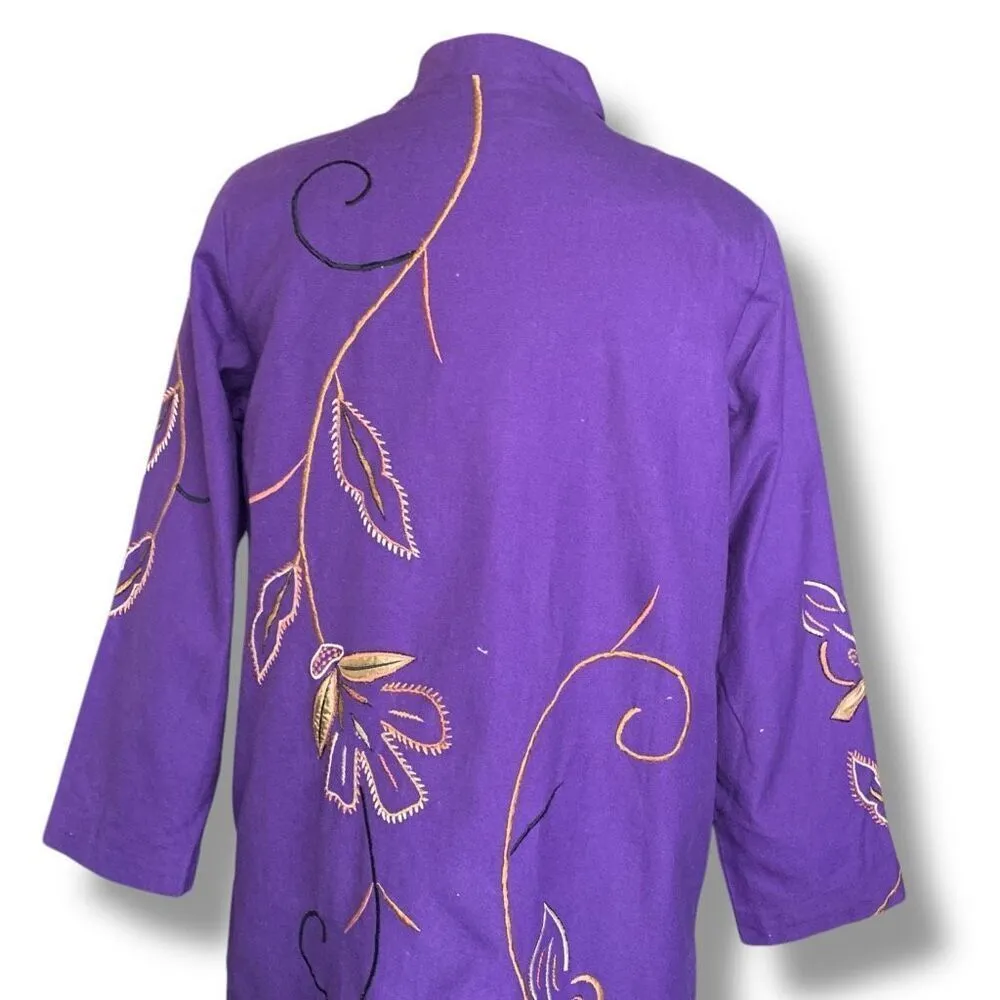 Vintage Indigo Moon Purple Embroidered Mandarin Collar Lightweight Floral Coat Size M - Image 6