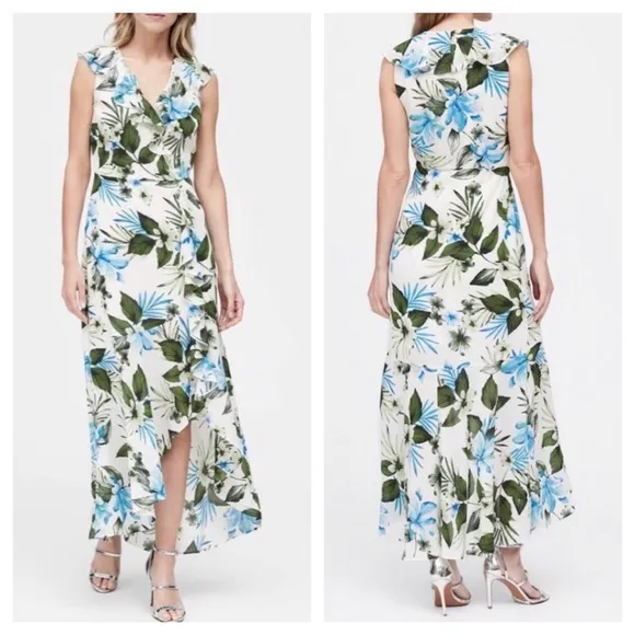 Banana Republic Floral Ruffle Maxi Dress 6 White Green - Image 2