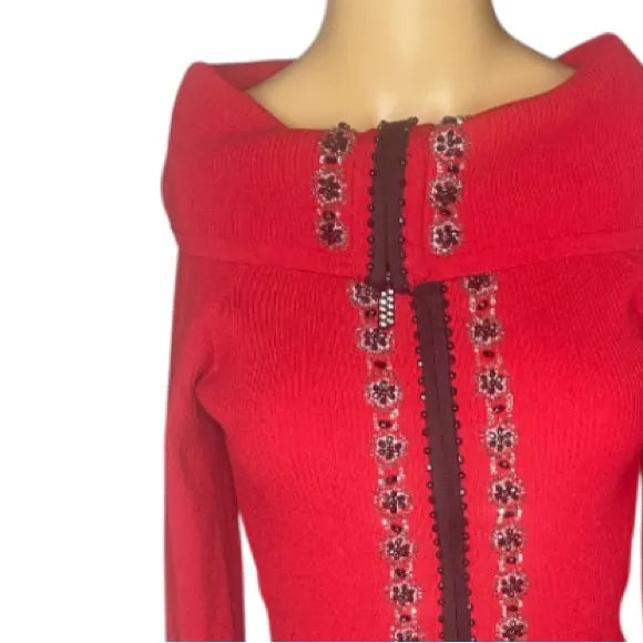 Camille La Vie Red Ribbed Knit Beaded Zip-Up Cardigan Sweater, Size M - Image 6