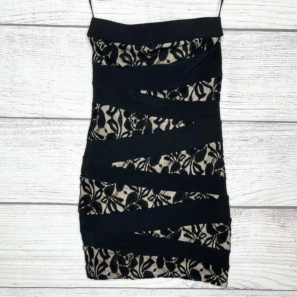 GUESS Strapless Bandage Lace Illusion Bodycon Mini Dress Black & Cream Size XS - Image 2