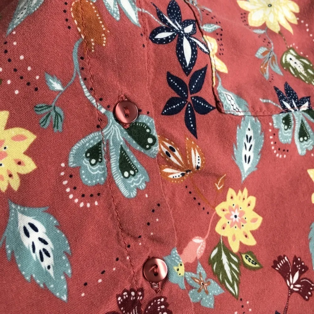 Pull & Bear Floral, Button Up Cropped Top, Rust Orange, Blue, Yellow, Size M - Image 7