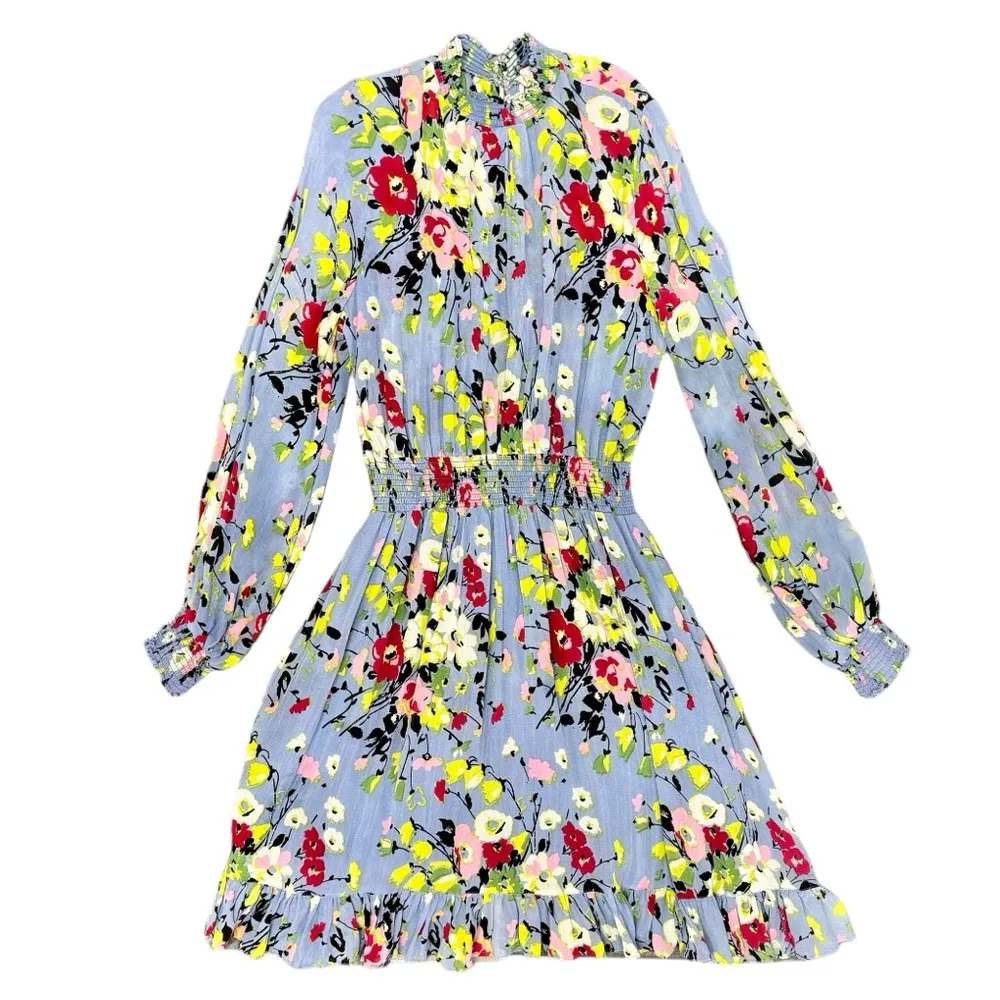 byTiMo Semi Couture Long Sleeve Ruffle Mock Neck Mini Dress Floral Blue Medium M - Image 4