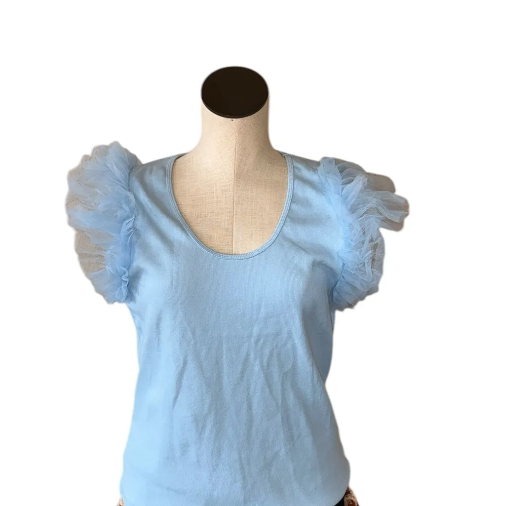 NWOT Anthropologie Dolan  Tulle Ruffle Sleeve Tank Blue Ribbed Knit Top - Image 6