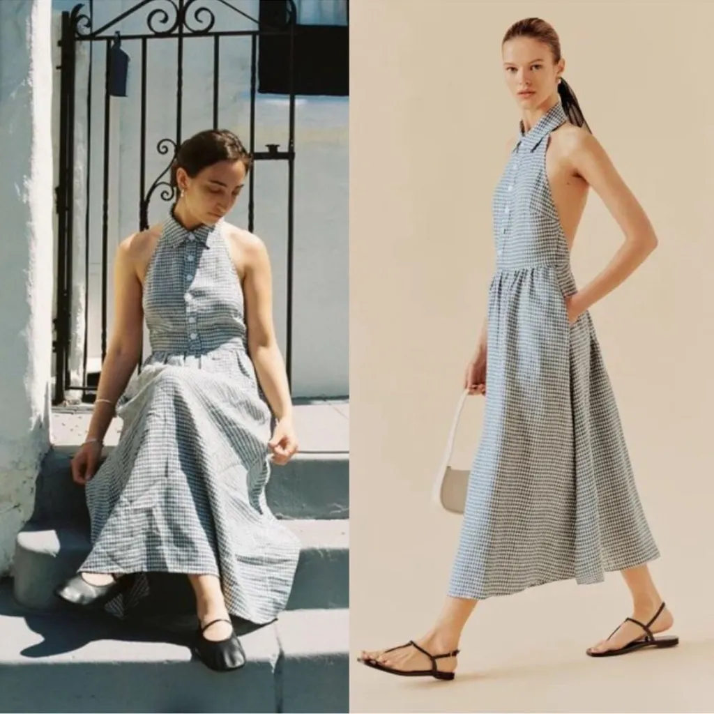 NEW Reformation Tace Halter Blue White Gingham Linen Midi Dress Slat Navy 12 - Image 3