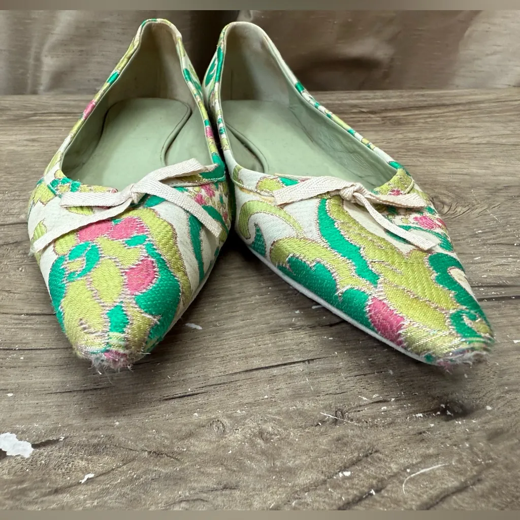 Vtg Prada SS2003 Green Brocade Flat Shoes 37.5‎ - Image 6