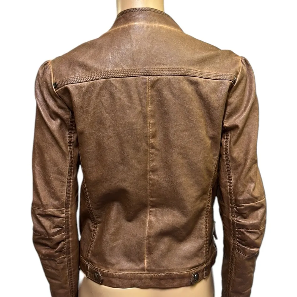 Blu Pepper Moto Distressed Look Brown Faux Leather Zip Up Jacket Womens Small - Image 3