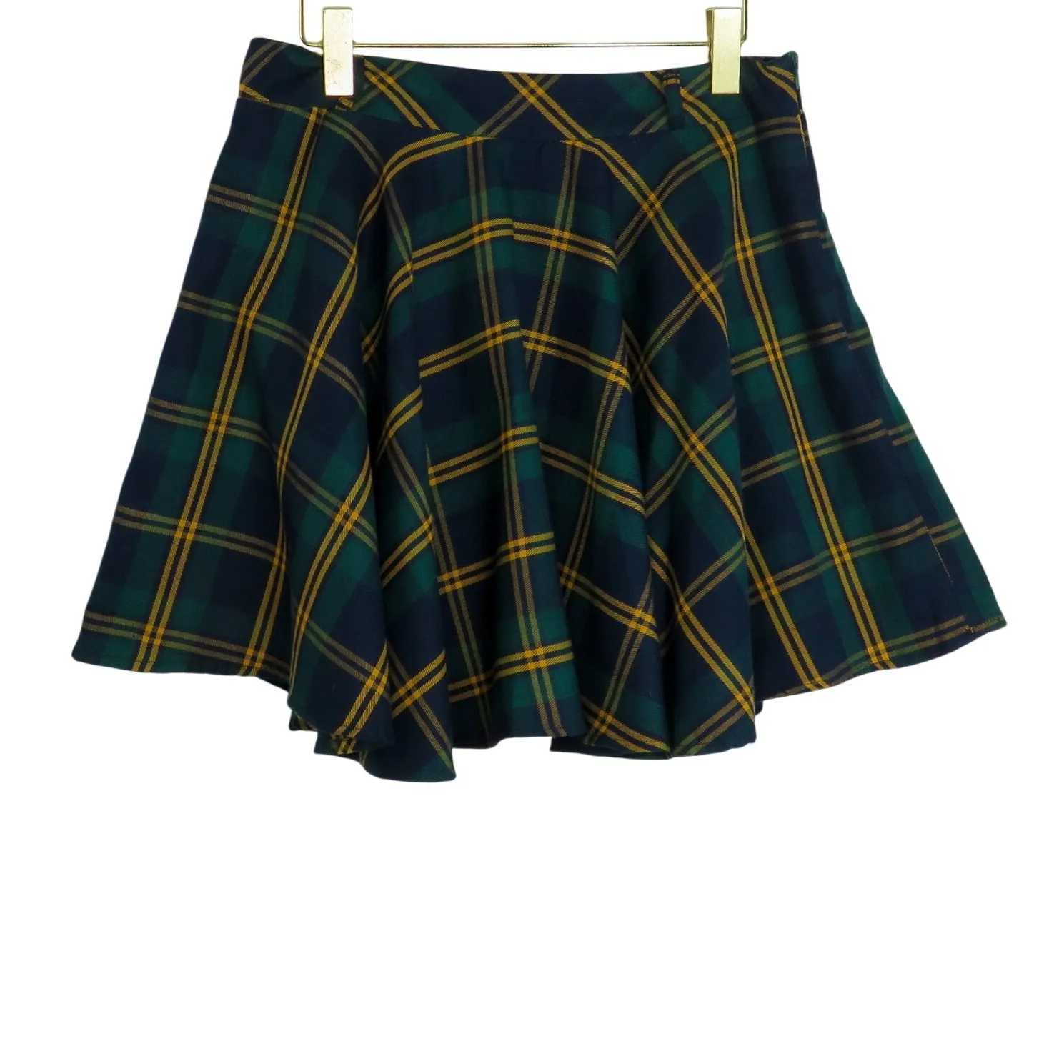 Cider Y2k Navy Green & Yellow Plaid Flared Mini Skirt Preppy 30" School Girl - Image 3