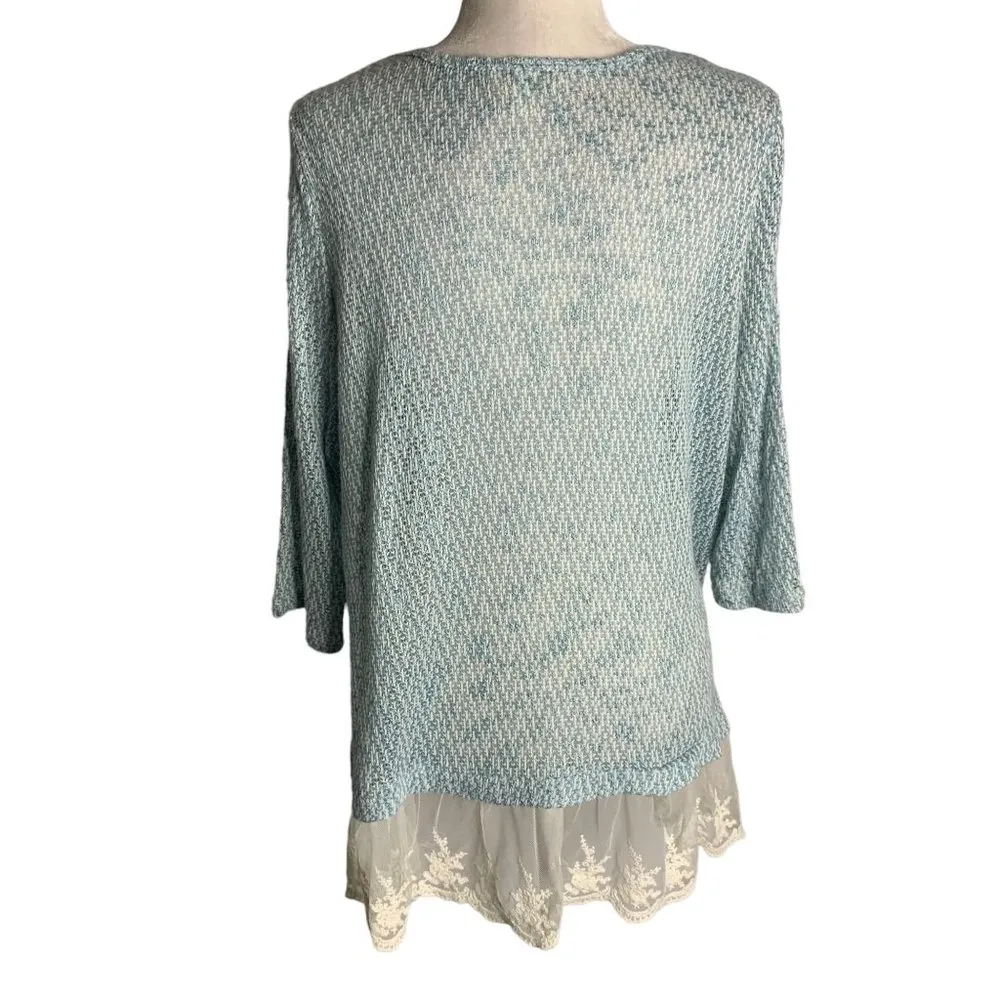 Krazy Kat Lightweight Knit Sweater XL Blue Lace Trim Long Sleeve Round Neck - Image 5