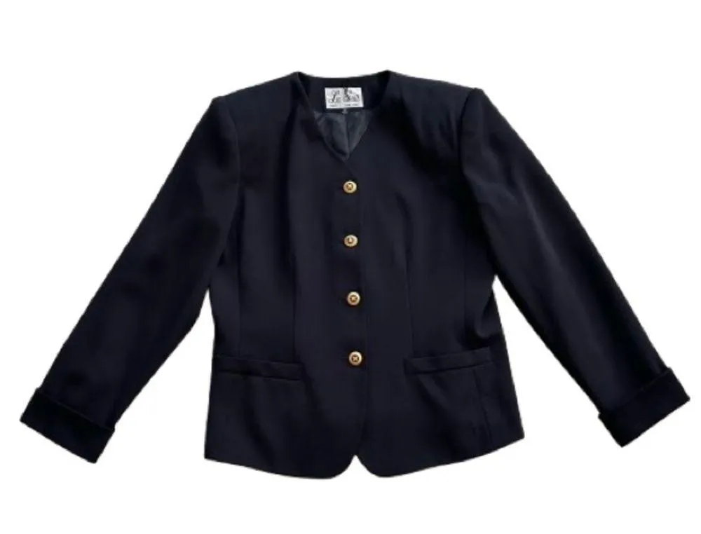 Le Suit Blazer Navy Blue Gold Buttons Cuffed Sleeve Career Jacket Size 12 - Image 7
