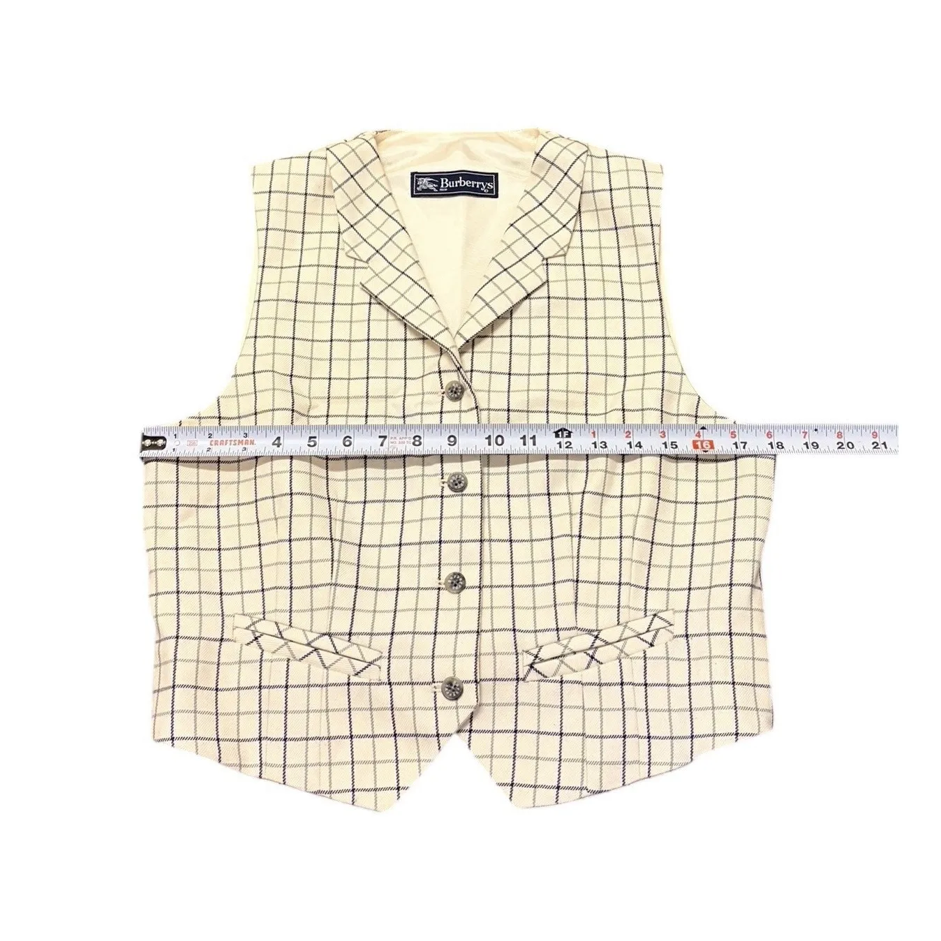 Burberrys Vintage Check Wool Vest Coat Liner Cream Navy Womens 8 USA - Image 3
