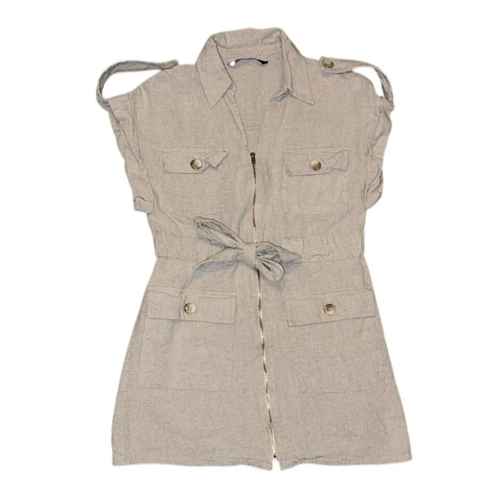 Zara Tan and cream cotton zip-up dress with gold zipper and tie waist - Image 4