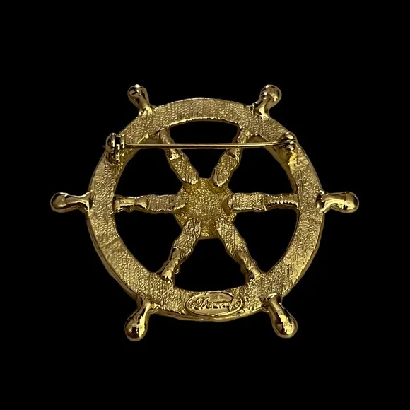 Vintage Danecraft Red‎ Blue Enamel Gold Tone Ships Wheel Pin Red - Image 2