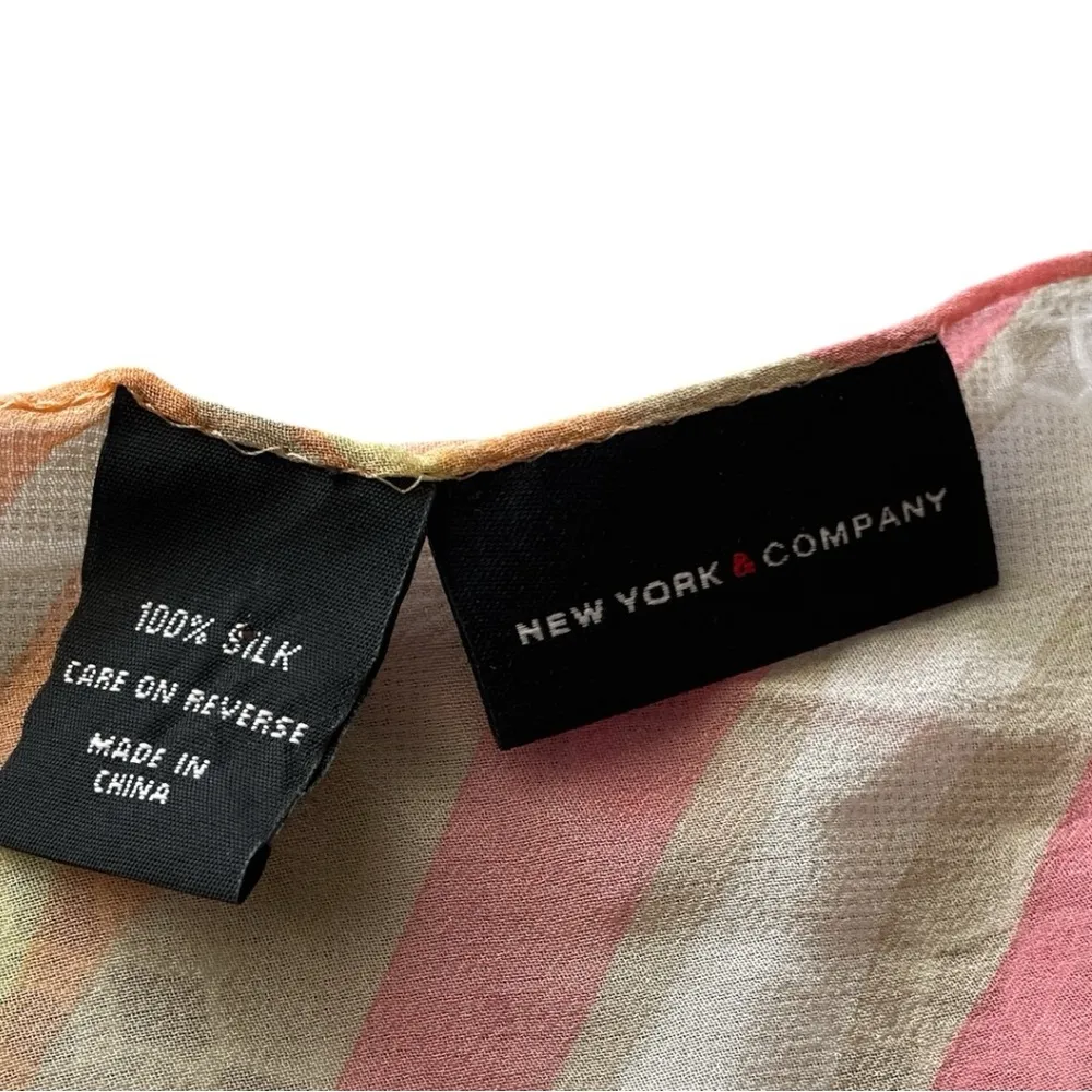 New York & Company Designer Pink and Orange 100% Silk Striped Scarf 21 X 21. - Image 3