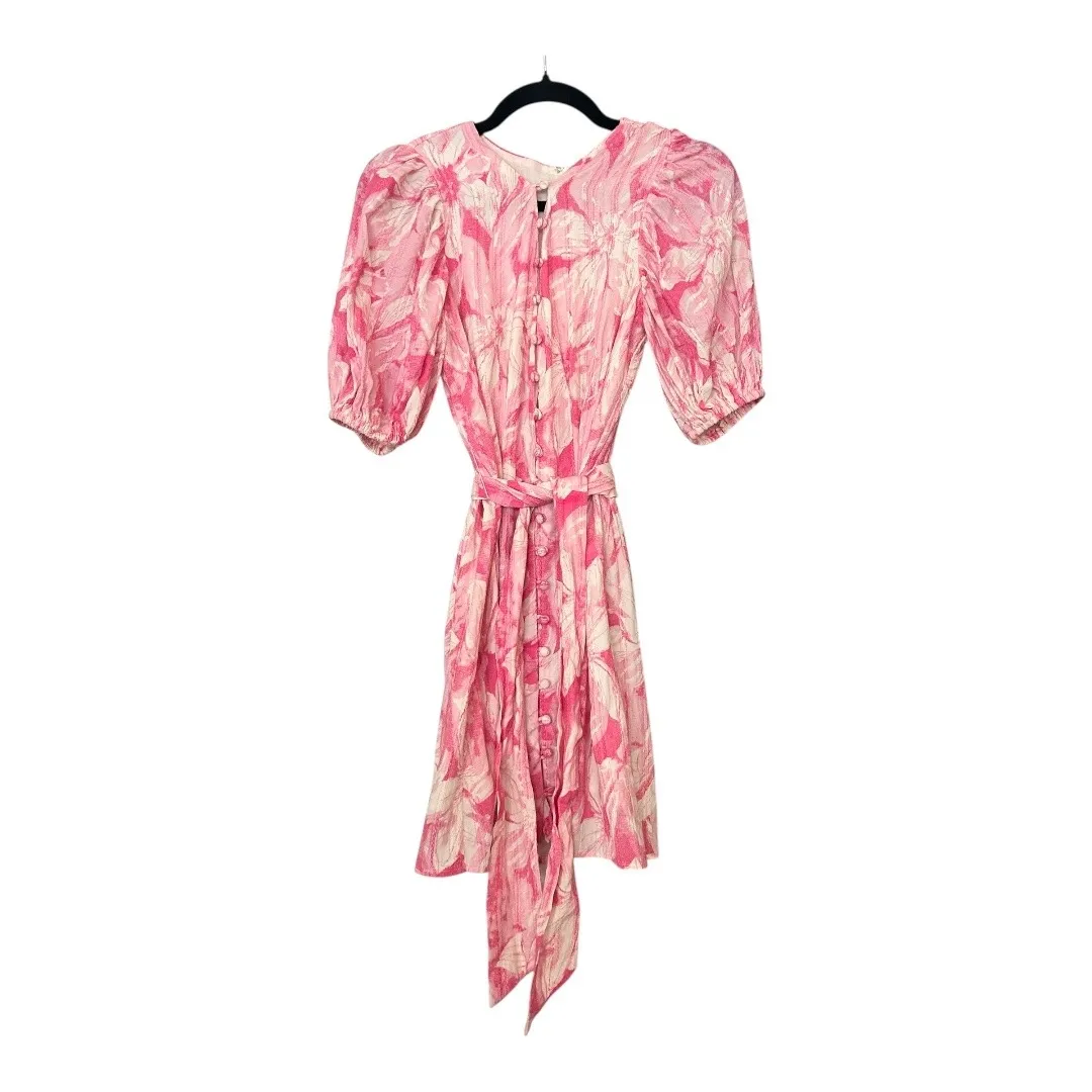 Floral Pink Mini‎ Dress Puff Sleeve Button Front Tie Waist Summer - Image 2