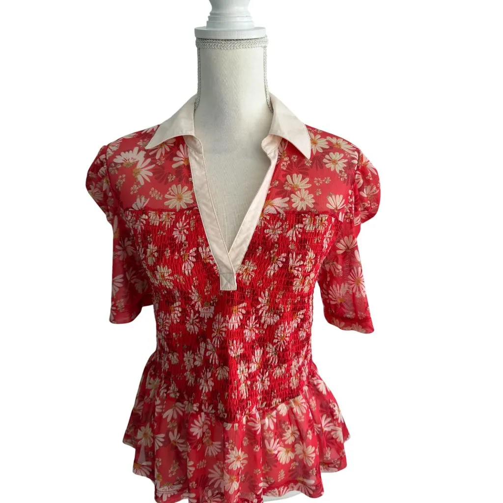 Maeve  Red Floral Collared Smocked Blouse Size Medium - Image 7