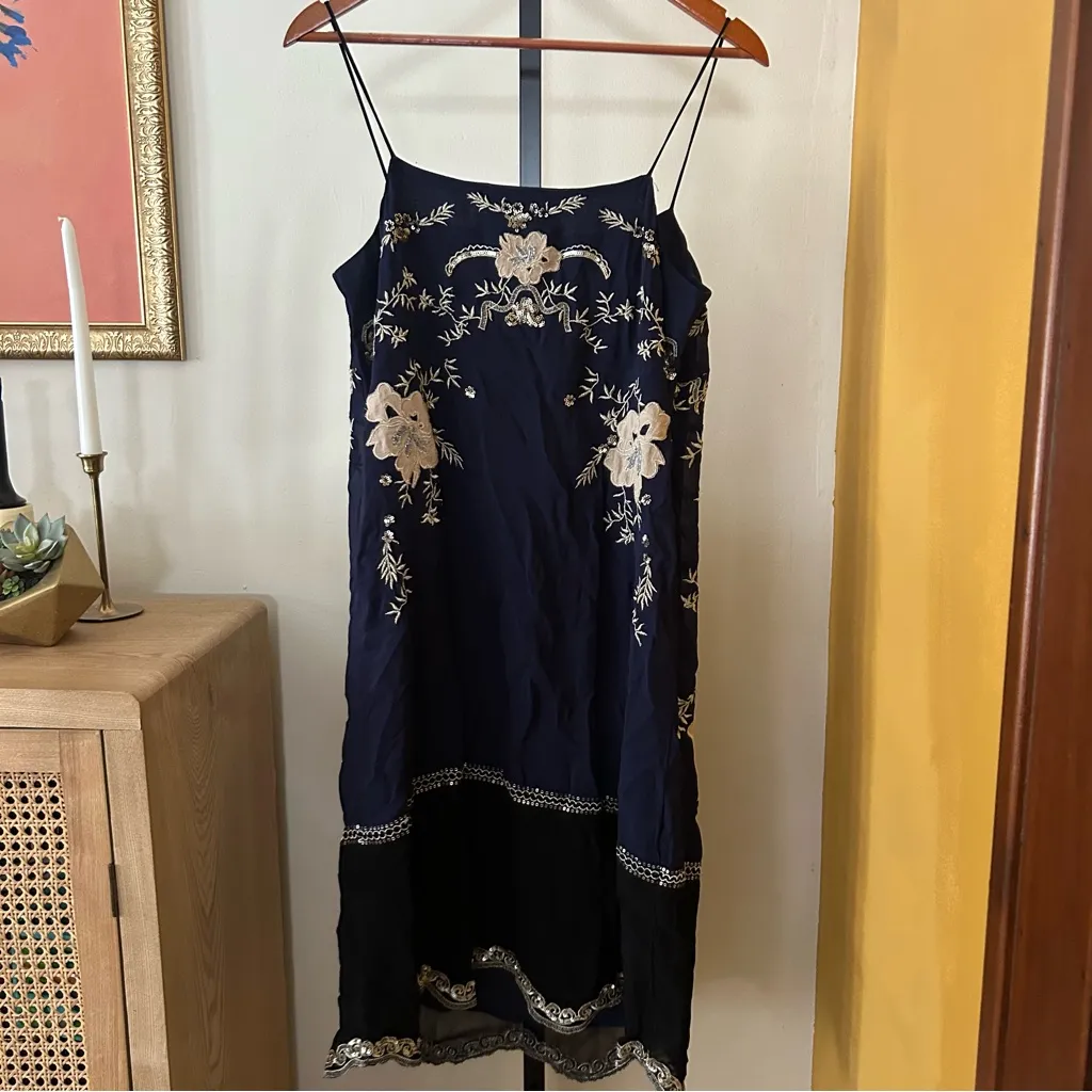 Anthropologie Allaire Embroidered Slip Dress Sequin Floral Navy Blue Gold Size S - Image 7