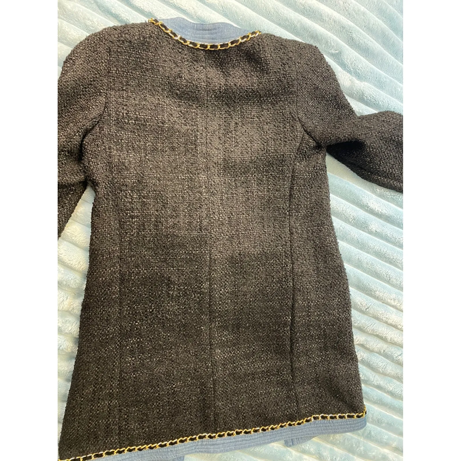 EDWARD ACHOUR PARIS Tweed Chain Trim Blazer Light Blue Trim Gold Buttons size S Brown - Image 7