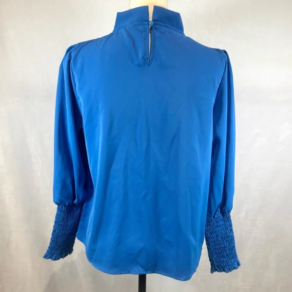 Long smocked sleeve pleated mock neck cobalt blue blouse top size small - Image 8