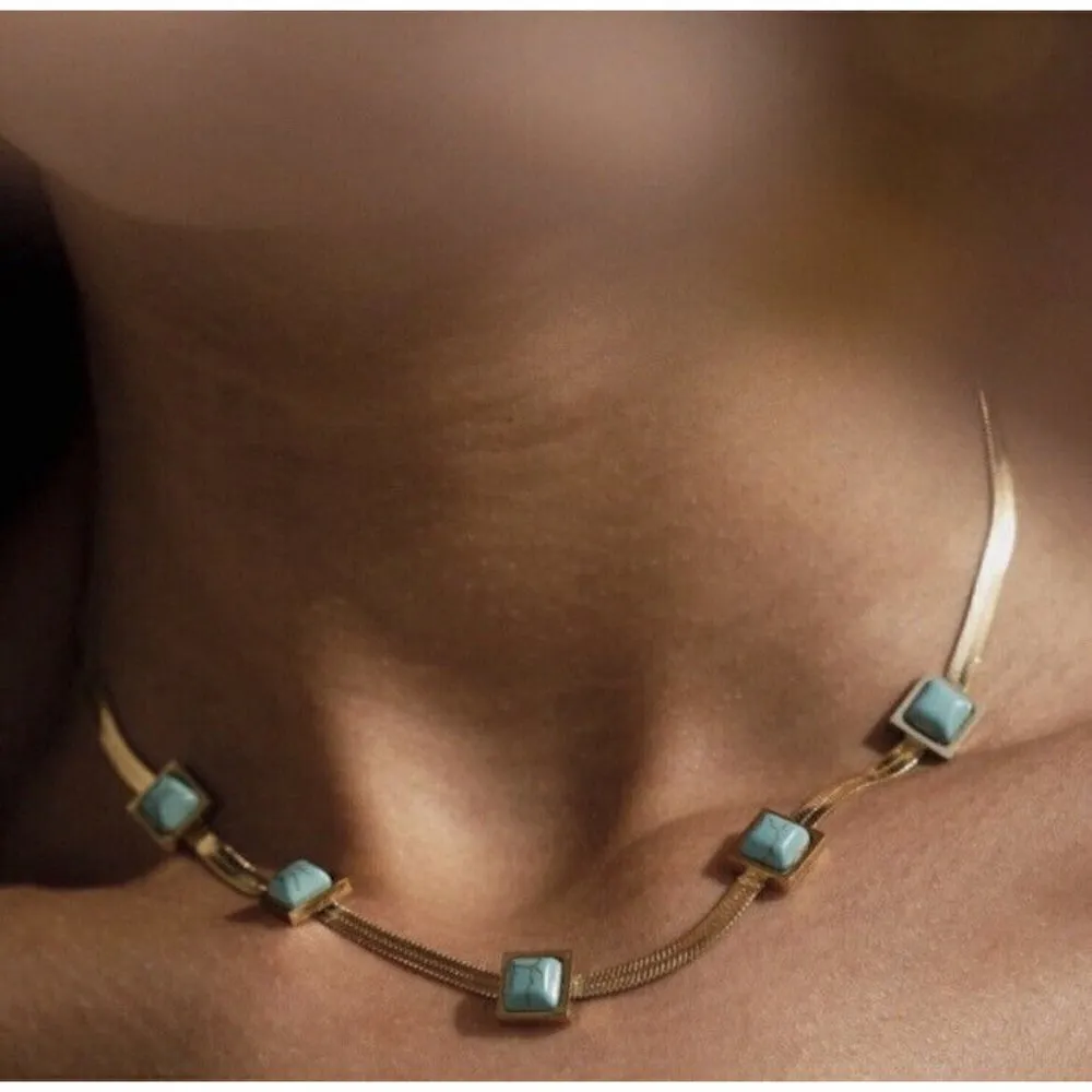 18K Gold Plated turquoise Herringbone necklace Snake Womens Jewelry - Image 8